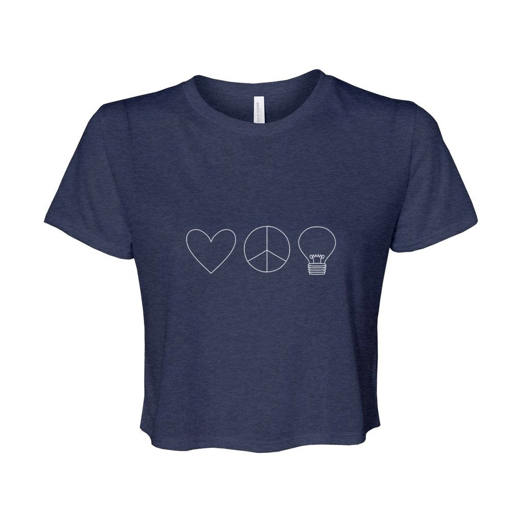 Dark navy cropped tee with white graphics of a heart, peace, and light