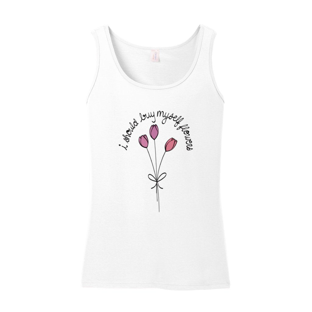 White tank top with graphic of pink and purple flowers