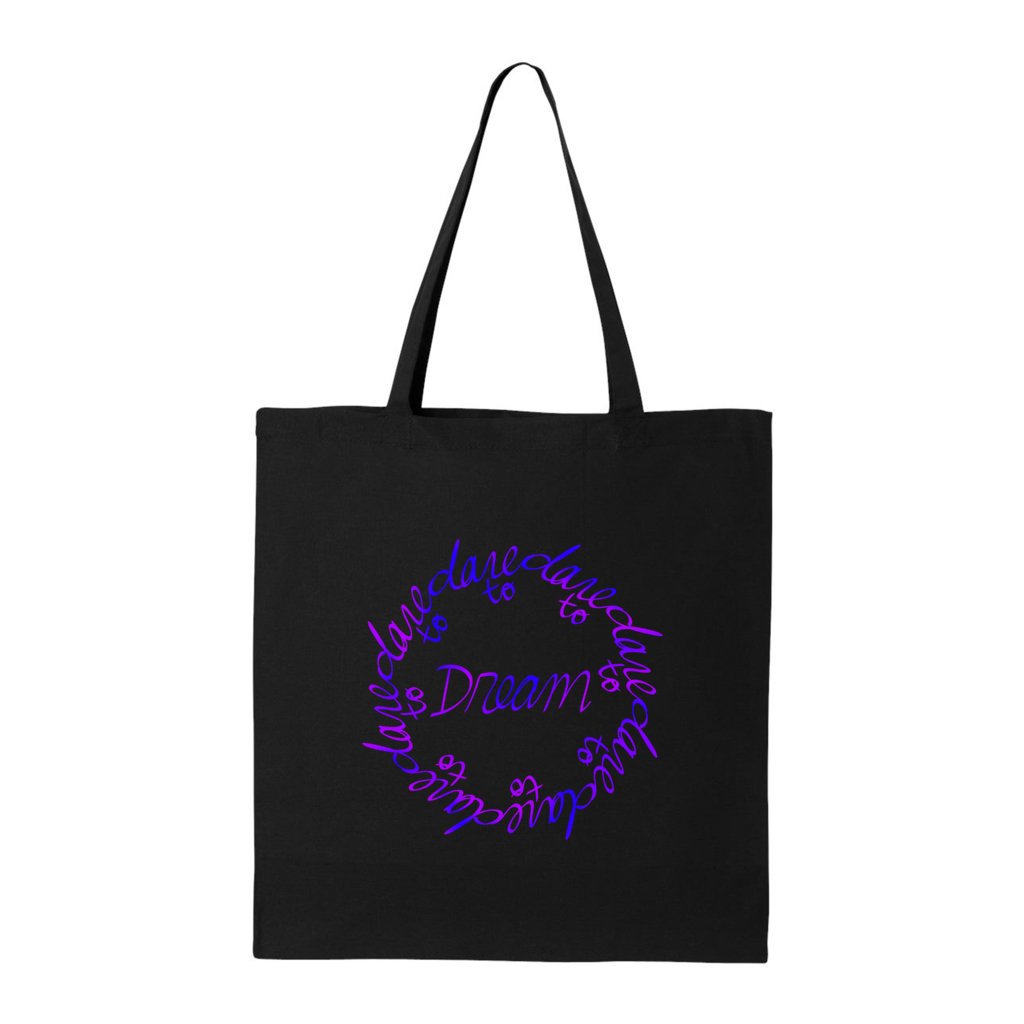 Black canvas tote bag with purple and blue graphic